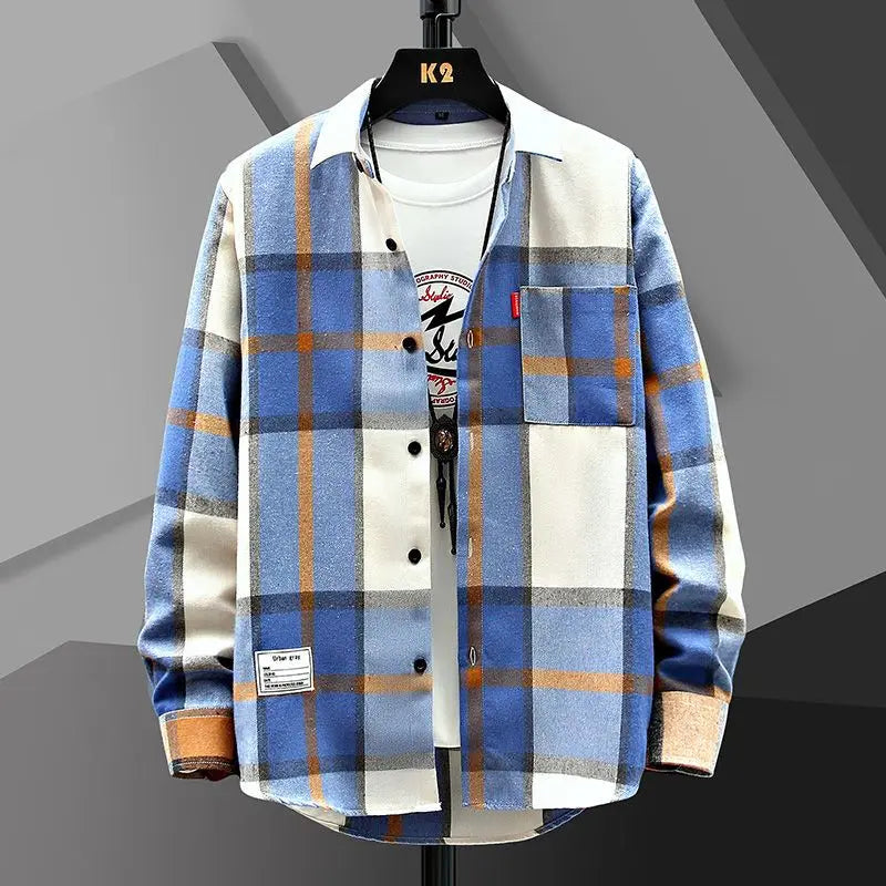 Versatile Loose Streetwear Men Plaid Shirt