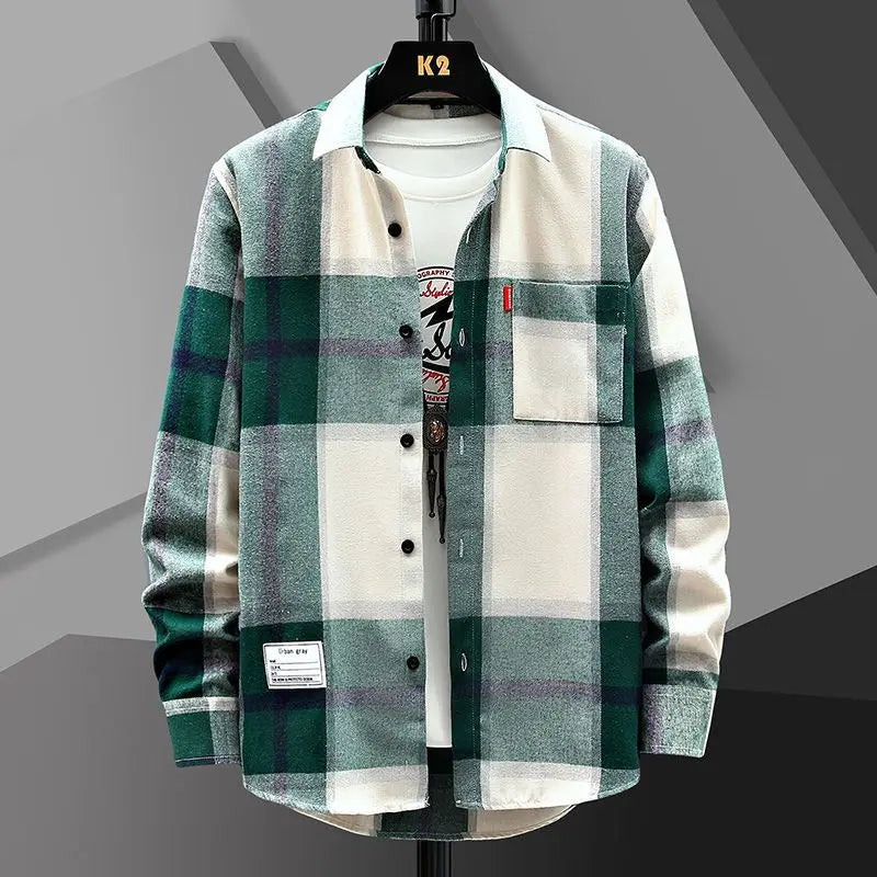 Versatile Loose Streetwear Men Plaid Shirt