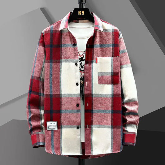 Versatile Loose Streetwear Men Plaid Shirt