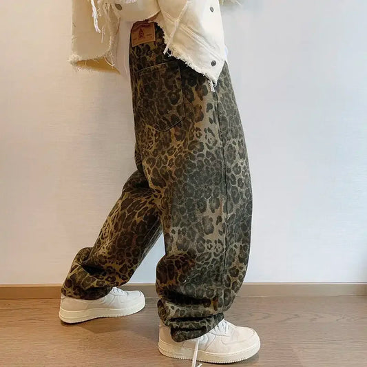 Baggy Pants Men Retro High Street Wear Pants Leopard Print Casual Pants