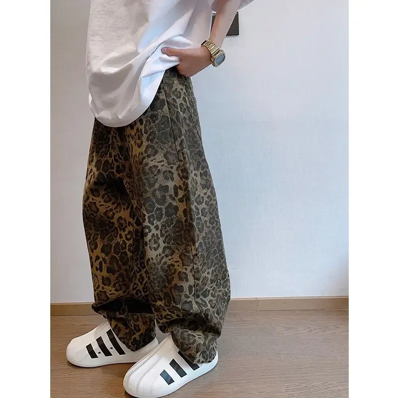 Baggy Pants Men Retro High Street Wear Pants Leopard Print Casual Pants