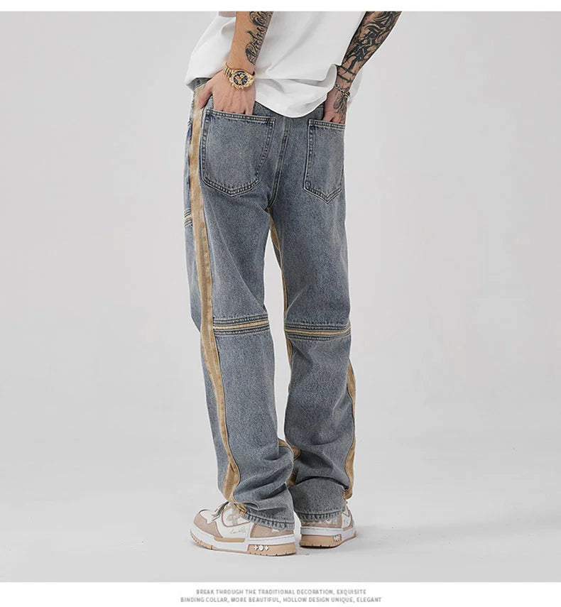 Patch wear Jeans Men's  Denim Pants Straight Casual