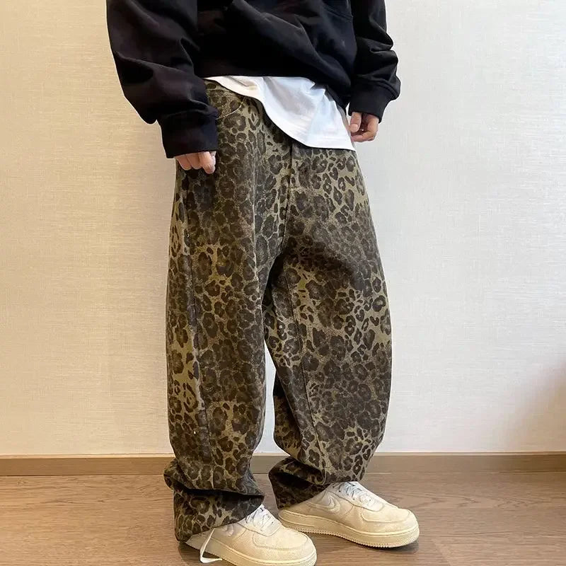 Baggy Pants Men Retro High Street Wear Pants Leopard Print Casual Pants