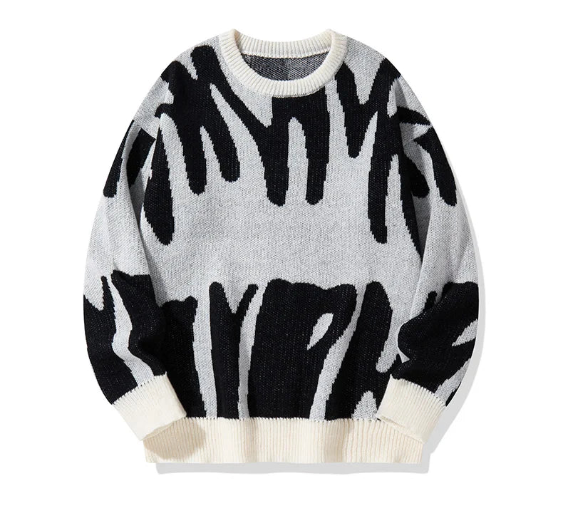 Unisex Streetwear Abstract Jacquard Sweater with Warm and Thick Contrast Color Knit